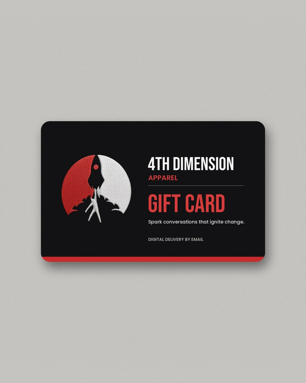 4th Dimension Apparel digital gift card in black with the red 4th Dimension mark