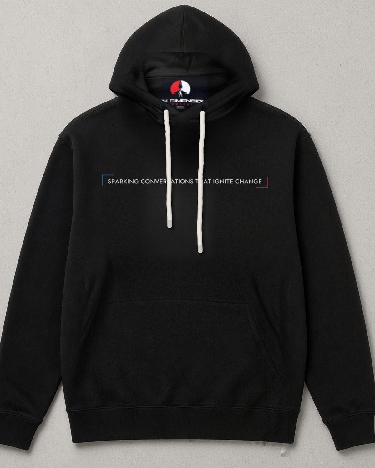 Drug Free hoodie front: black hoodie with a small line of text across the chest