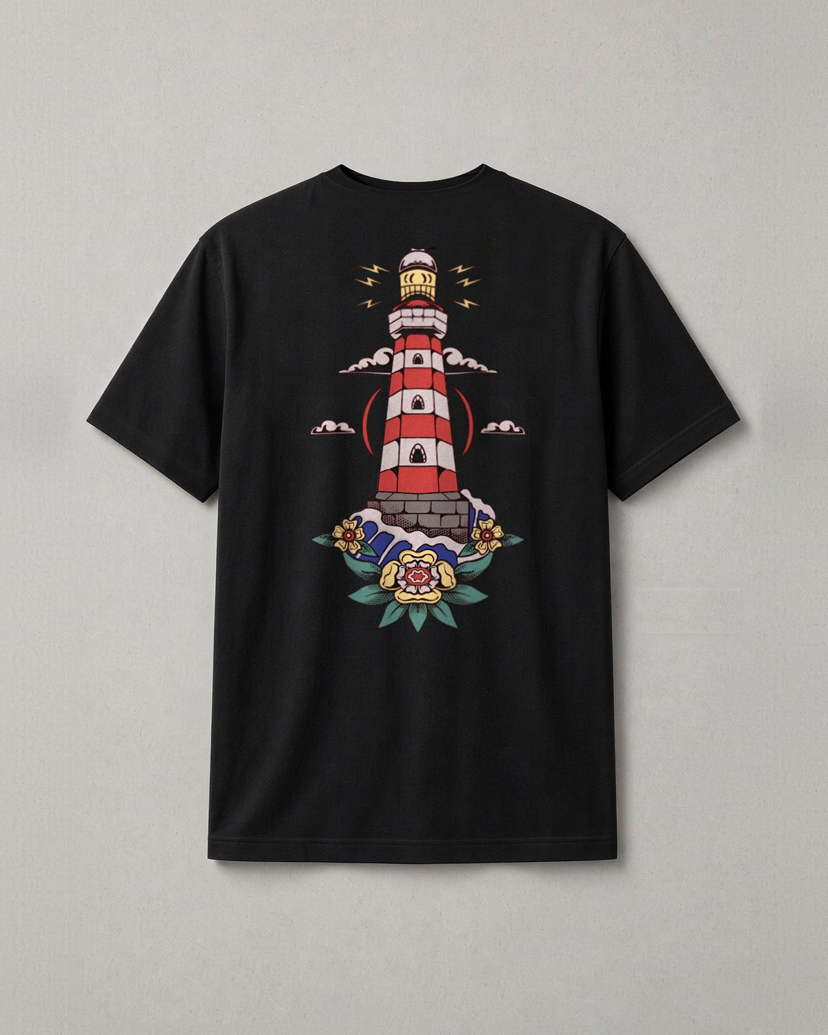 Hope in Darkness t-shirt back print: full-color lighthouse shining over the water with roses at its base