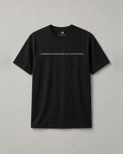 Drug Free t-shirt front: black tee with a small line of text across the chest