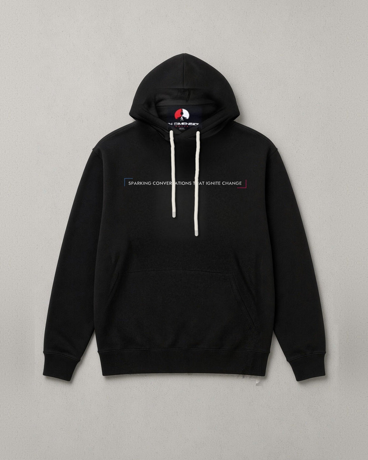 Drug Free hoodie front: black hoodie with a small line of text across the chest