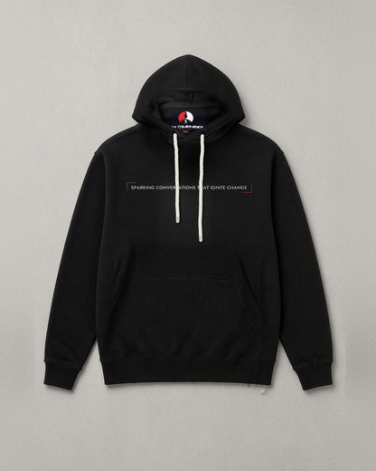 Drug Free hoodie front: black hoodie with a small line of text across the chest