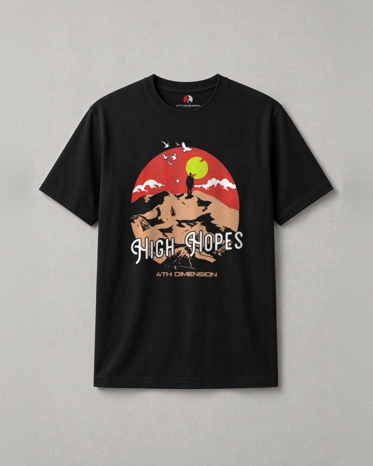 High Hopes recovery t-shirt: full-color High Hopes artwork with a red sky on a black tee