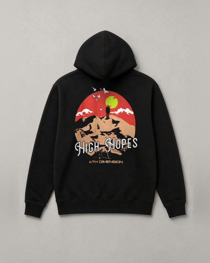 High Hopes hoodie back print: full-color High Hopes artwork with a red sky on a black hoodie