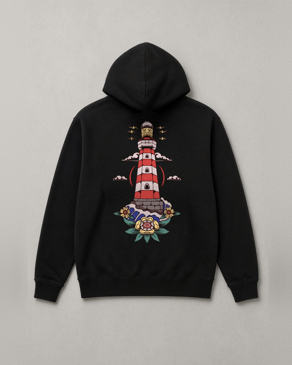 Hope in Darkness hoodie back print: full-color lighthouse shining over the water with roses at its base