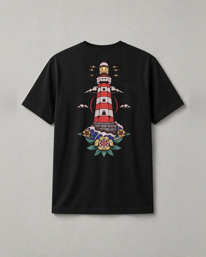 Hope in Darkness t-shirt back print: full-color lighthouse shining over the water with roses at its base