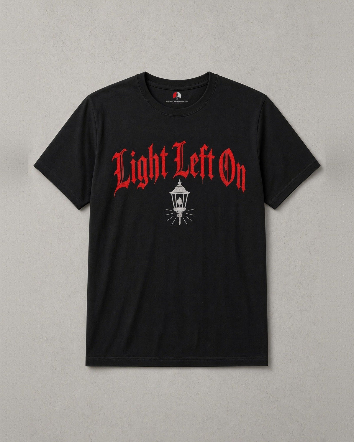 Light Left On t-shirt: red blackletter Light Left On across the chest with a small lantern below, black tee