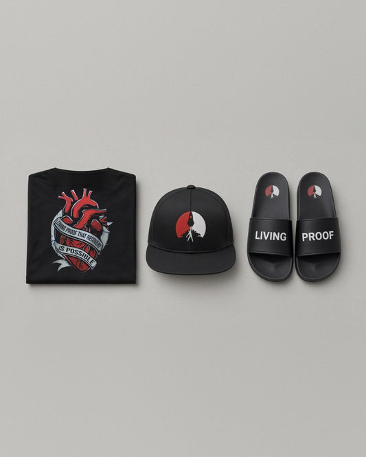 Living Proof Gift Set: Unchained Heart t-shirt, Living Proof snapback hat and Living Proof slides together