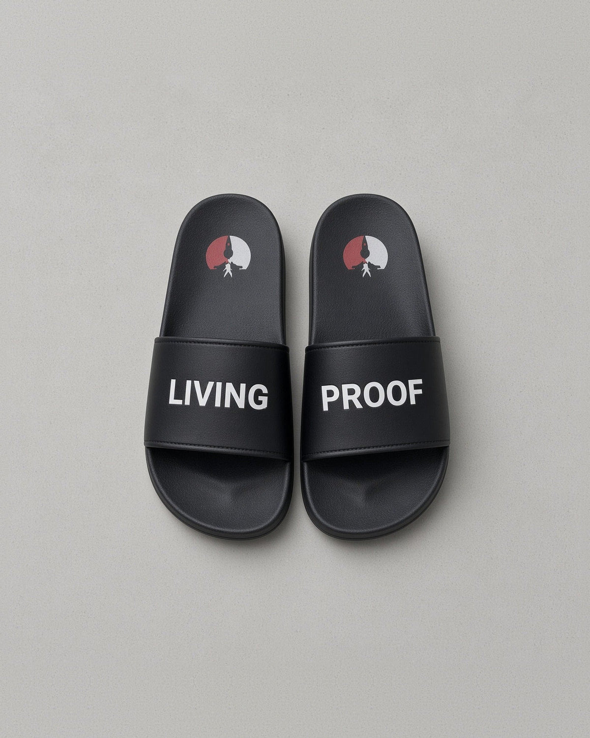 Living Proof slides: black slides reading LIVING on the left strap and PROOF on the right