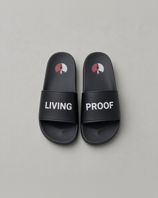 Living Proof slides: black slides reading LIVING on the left strap and PROOF on the right