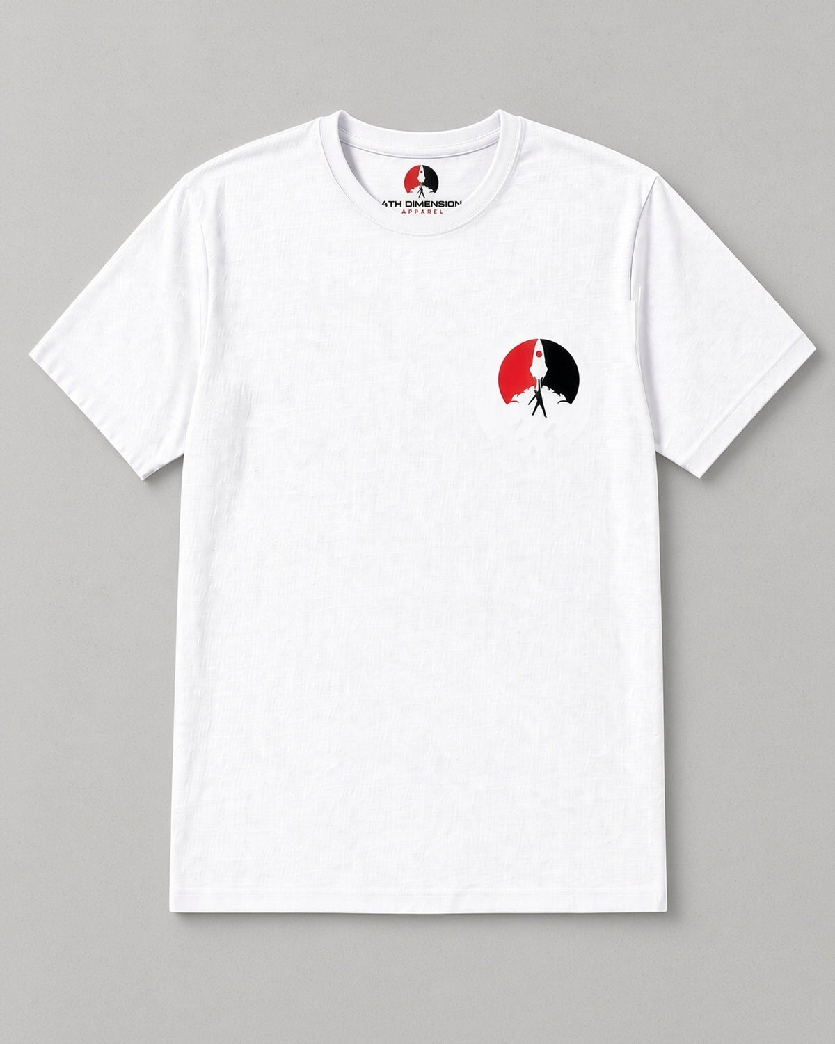 Logo Tee: white t-shirt with the red and black 4th Dimension mark on the left chest