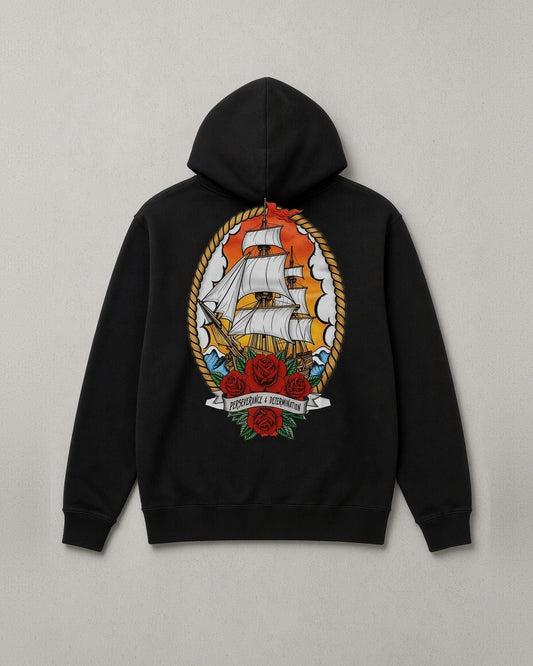 Perseverance Hoodie back print: full-color ship under full sail framed in rope and roses with a Perseverance and Determination banner