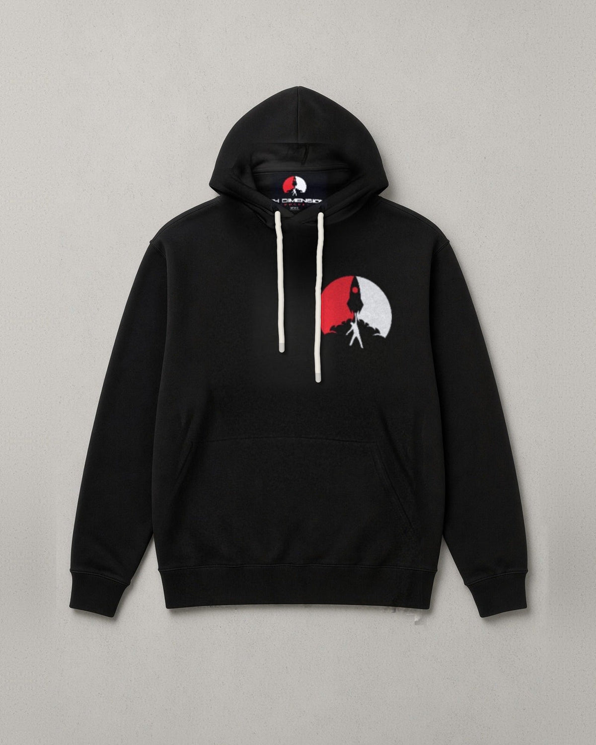 Rebirth hoodie front: black hoodie with the 4th Dimension mark on the chest