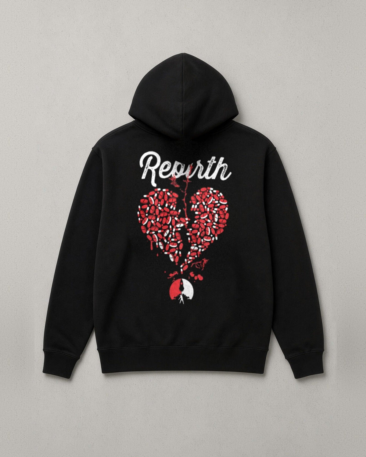 Rebirth hoodie back print: white script Rebirth over a broken heart made of red and white pills with the 4th Dimension mark below