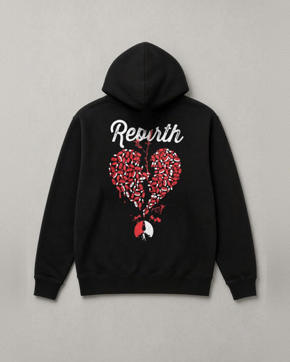 Rebirth hoodie back print: white script Rebirth over a broken heart made of red and white pills with the 4th Dimension mark below