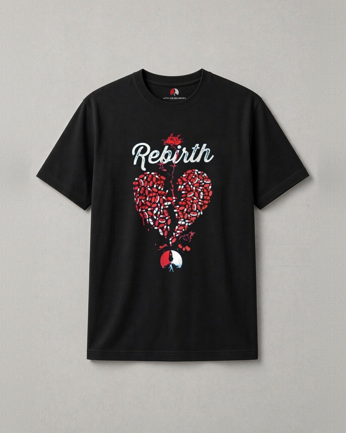 Rebirth recovery t-shirt: white script Rebirth over a broken heart made of red and white pills with the 4th Dimension mark below, black tee
