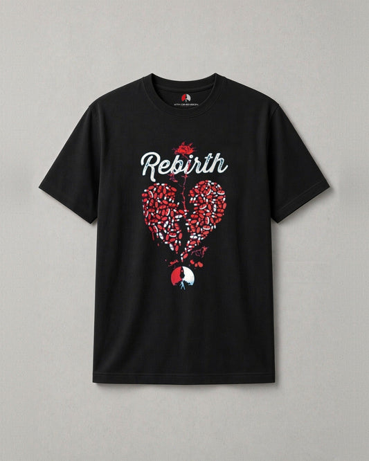 Rebirth recovery t-shirt: white script Rebirth over a broken heart made of red and white pills with the 4th Dimension mark below, black tee