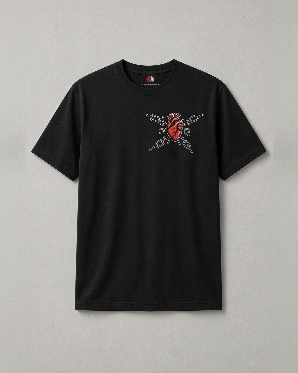 Unchained Heart t-shirt front: small red heart with crossed chains on the chest of a black tee