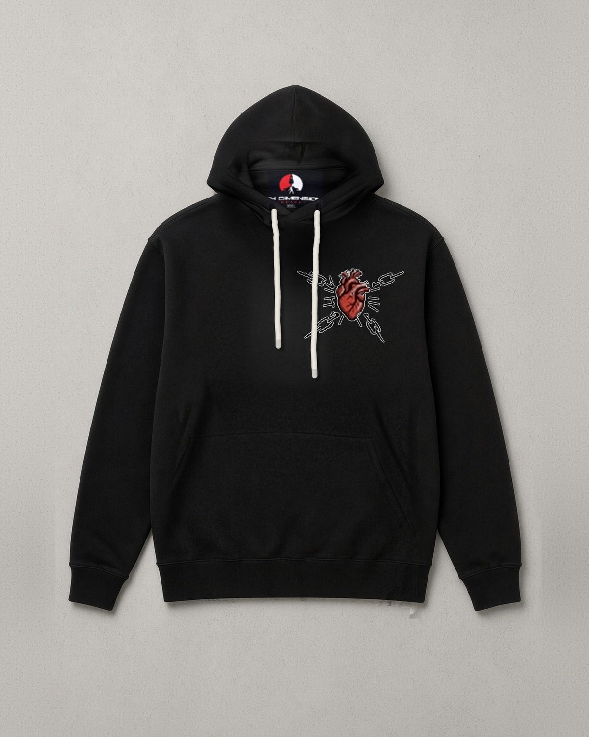 Unchained Heart hoodie front: small red heart with crossed chains on the chest