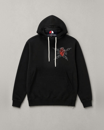 Unchained Heart hoodie front: small red heart with crossed chains on the chest